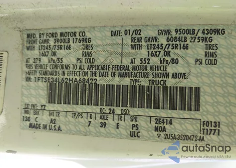 2002 Ford E-350 Super Duty Commercial/Recreational z USA, uszkodzony, nr VIN 1FTSE34L62HA68422